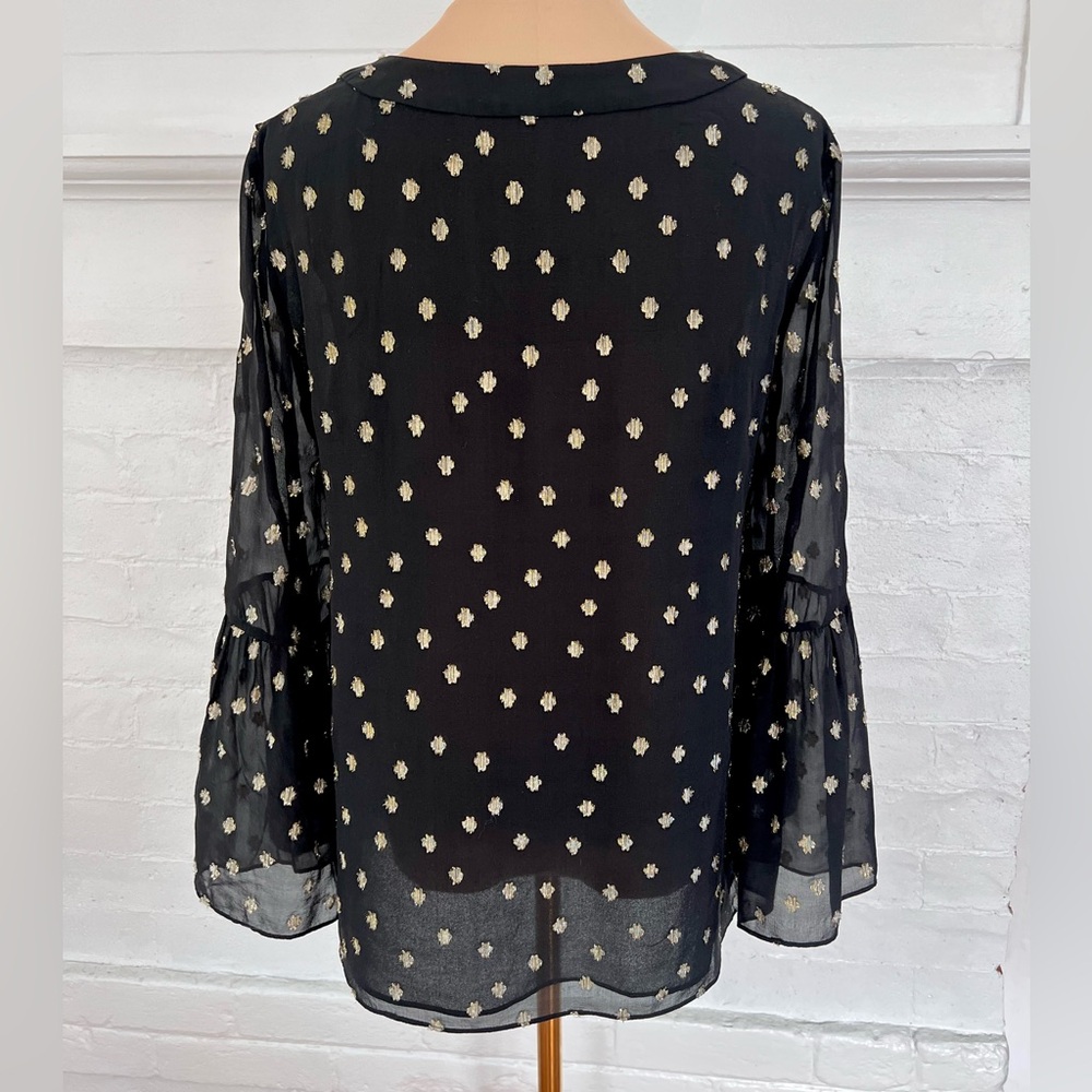 Lilly Pulitzer Amory Starry Silk Chiffon Blouse Black Gold Metallic Bell Sleeve - Picture 10 of 17